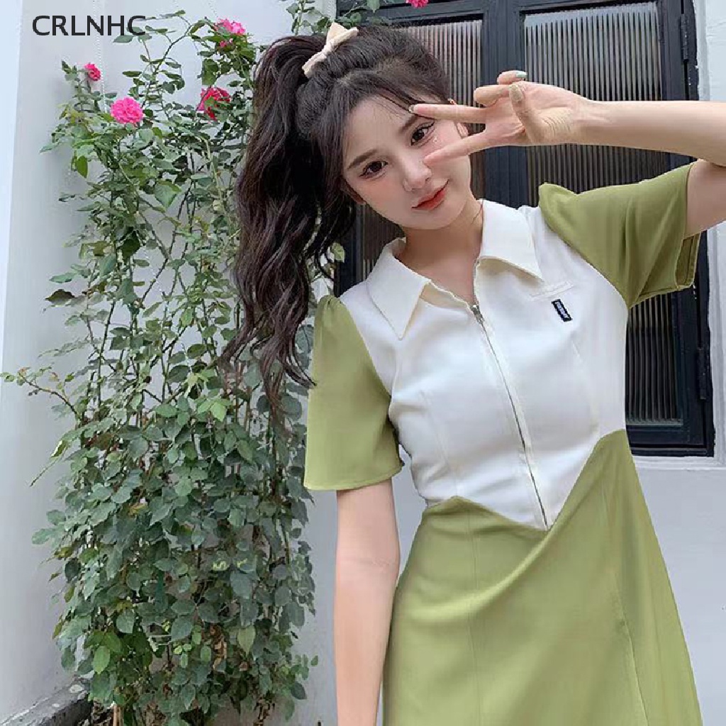 Đầm polo CRLNHC Y2k dáng chữ A ngắn tay xẻ tà phối màu tương phản phong cách Hàn Quốc thời trang mùa hè 2023 cho nữ