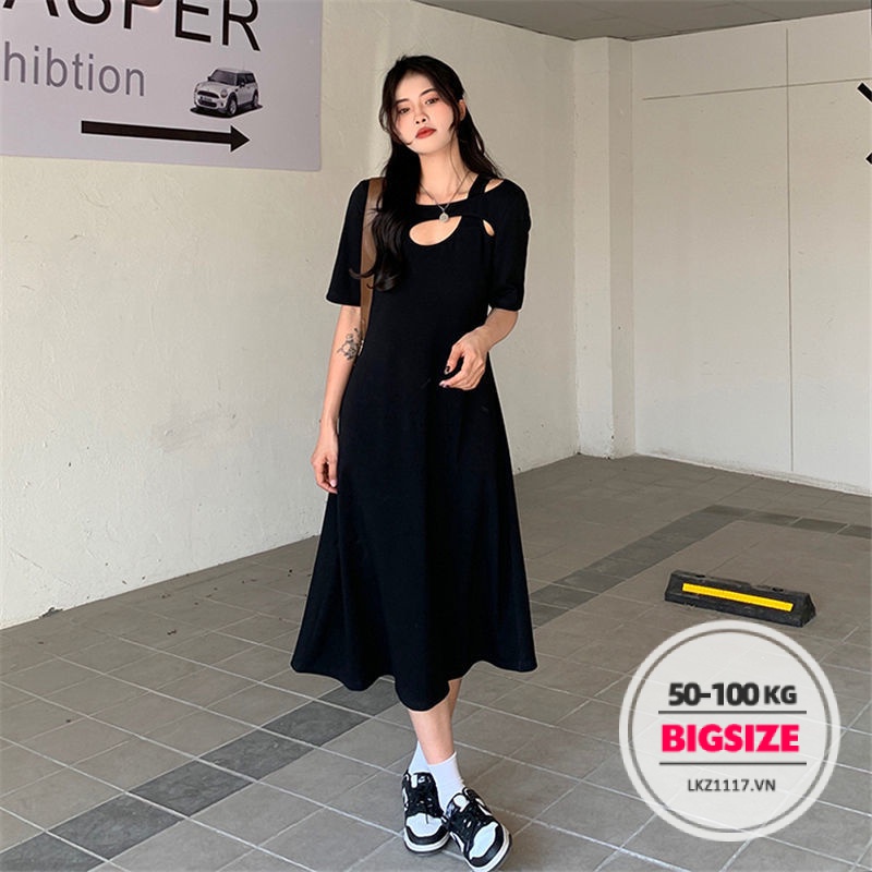 Đầm thun suông Bigsize Váy nữ dáng dài tay ngắn cổ tròn hở vai mùa hè Phong cách Hàn Quốc Thời Trang tiểu thư cá tính xinh đẹp cho người mập béo