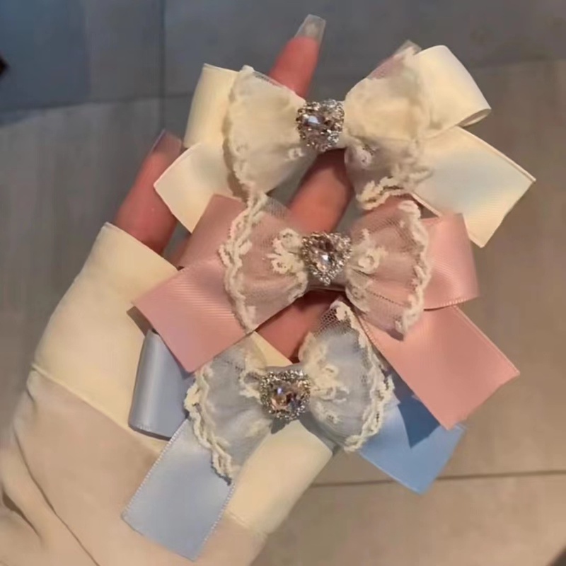 Kẹp Tóc Nơ Satin Màu Kem Đính Đá Thời Trang