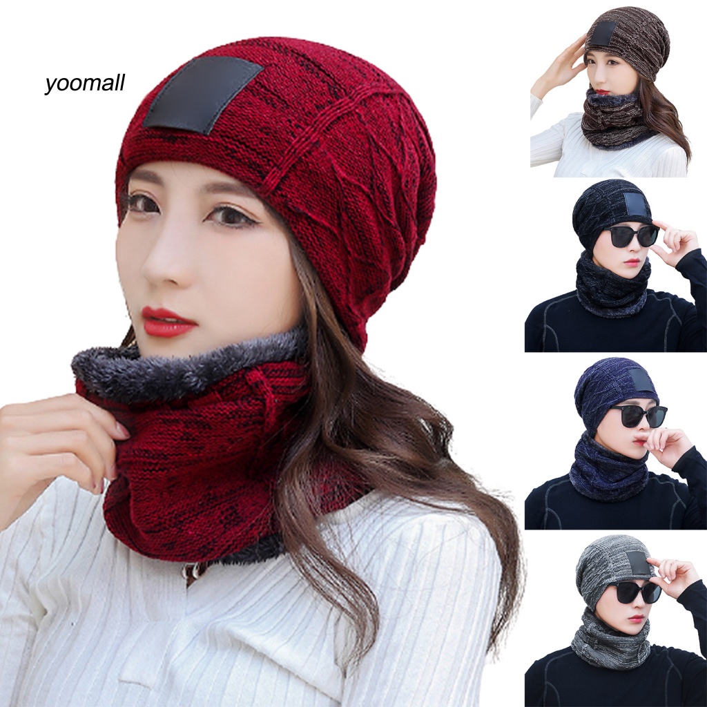 Set Mũ Beanie Và Khăn Choàng Cổ Dệt Kim Giữ Ấm Mùa Đông Cho Nam Nữ