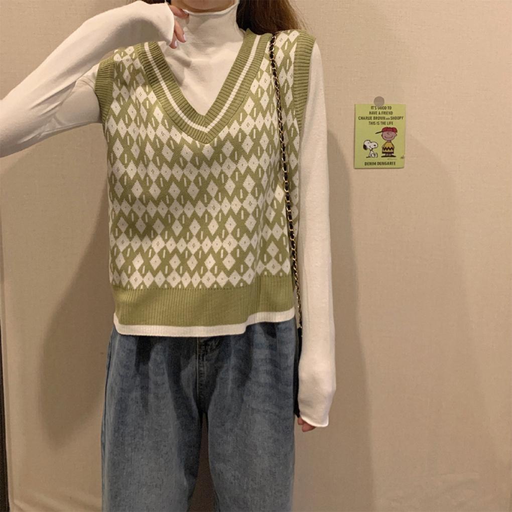 [Coco] Áo Sweater Dệt Kim Không Tay Cổ Chữ V Sọc Caro Màu Xanh Lá Cho Nữ Sinh