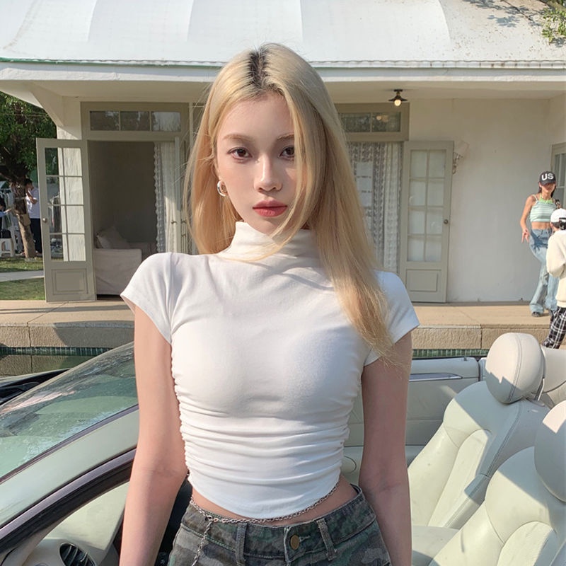 Áo thun COZOK dệt kim tay ngắn cổ cao đơn giản trẻ trung