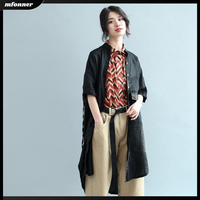 Áo Sơ Mi Nữ Tay Dài Dáng Rộng Bằng Cotton Linen Màu Trơn Thời Trang