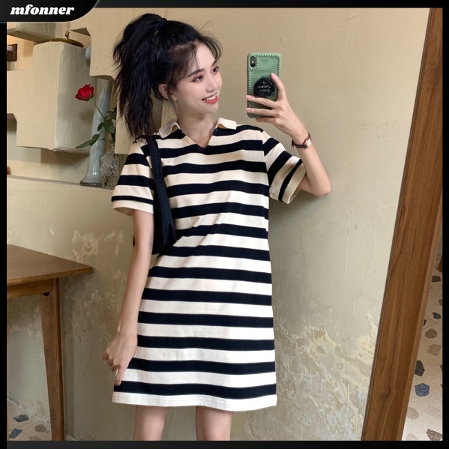 Đầm Thun Midi Cotton Pha Dáng Rộng Cổ Chữ V Tay Ngắn Họa Tiết Kẻ Sọc Cho Nữ