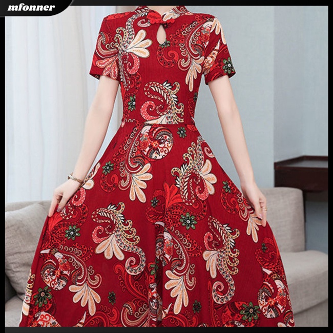 Đầm Tay Ngắn Cổ Đứng Eo Cao In Họa Tiết Cổ Điển Dành Cho Nữ