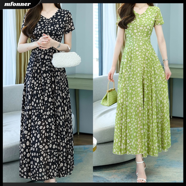 Đầm Dài Tay Ngắn Cổ Chữ V Eo Cao Bằng Lụa Mát in Họa Tiết Hoa Cúc Thanh Lịch Thời Trang Mùa Hè Dành Cho Nữ