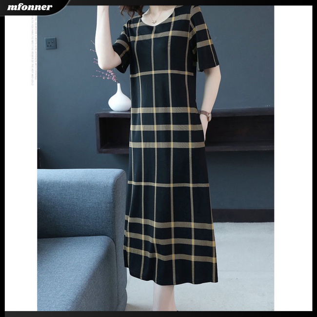 Đầm Nữ Tay Ngắn Cổ Tròn Dáng Chữ A Họa Tiết Caro Thời Trang Cá Tính