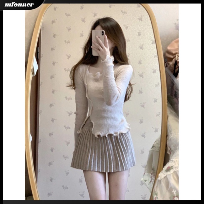 Mv Áo Sweater Dệt Kim Dáng Ôm Vừa Vặn Với Da Diềm Xếp Nếp Thân Thiện Với Làn Da Co Giãn Tốt Màu