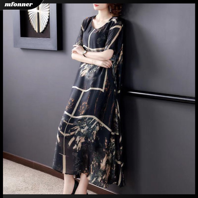 Đầm Dáng Chữ A Tay Ngắn Cổ Tròn In Họa Tiết Kiểu Retro Xinh Xắn Cho Bạn Gái