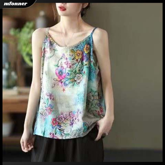 Áo Hai Dây Mỏng Họa Tiết Hoa Phong Cách Retro Cho Nữ