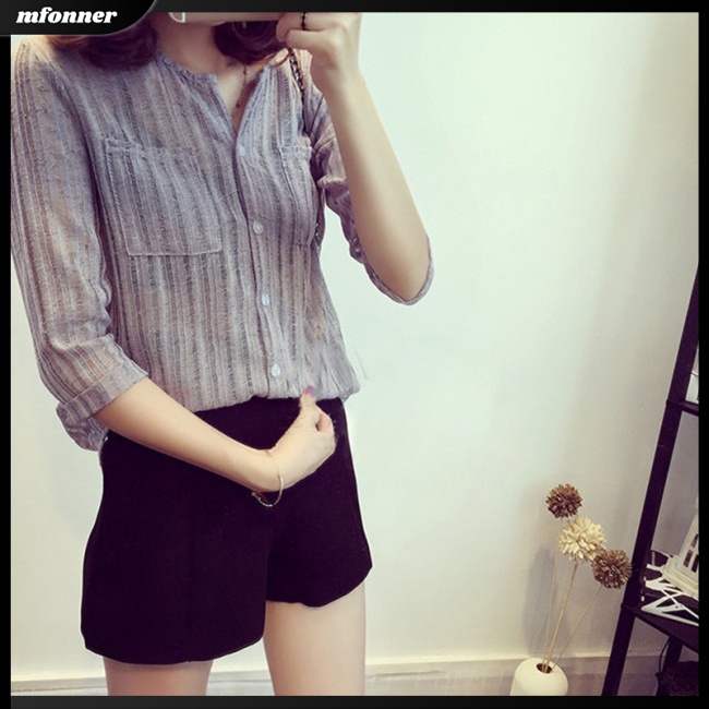 Áo Sơ Mi Nữ Dáng Rộng Cổ Chữ V Thoáng Khí Họa Tiết Kẻ Sọc Dọc Thời Trang