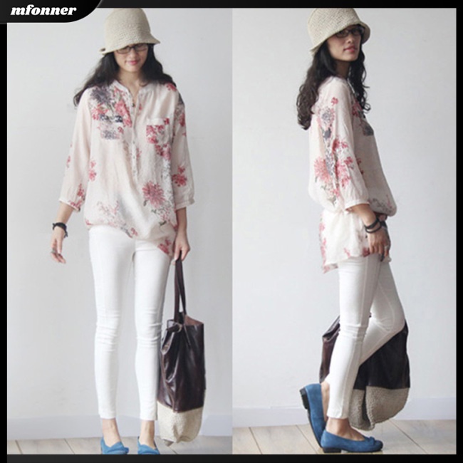 Áo Sơ Mi Rộng Bằng Vải Lanh Cotton In Hình Hoa Dành Cho Nữ Size Lớn