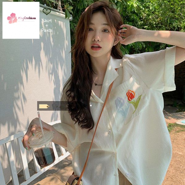 Áo Sơ Mi Chiffon Mỏng Tay Ngắn Dáng Rộng Thêu Hoa Tulip Màu Trong Suốt Thời Trang Mùa Hè Cá Tính