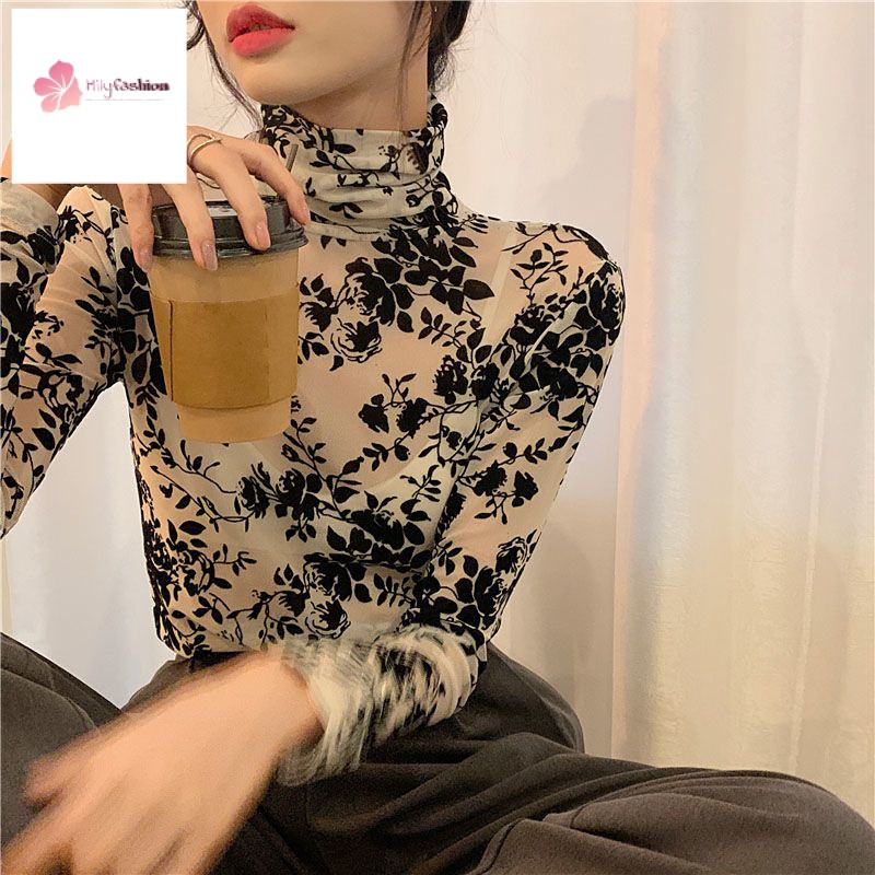 Áo Thun Tay Dài In Họa Tiết Hoa Hồng Phong Cách Retro