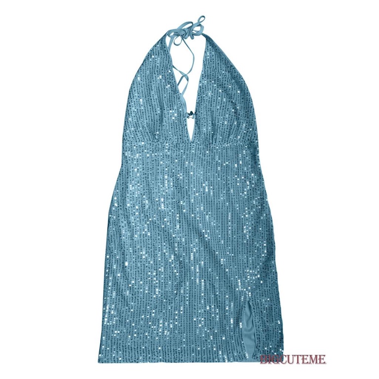 [] - Đầm Ngắn Không Tay Xẻ Tà Cổ Yếm Đính Kim Sa Màu Xanh Dương Thời Trang Mùa Hè Cho Nữ