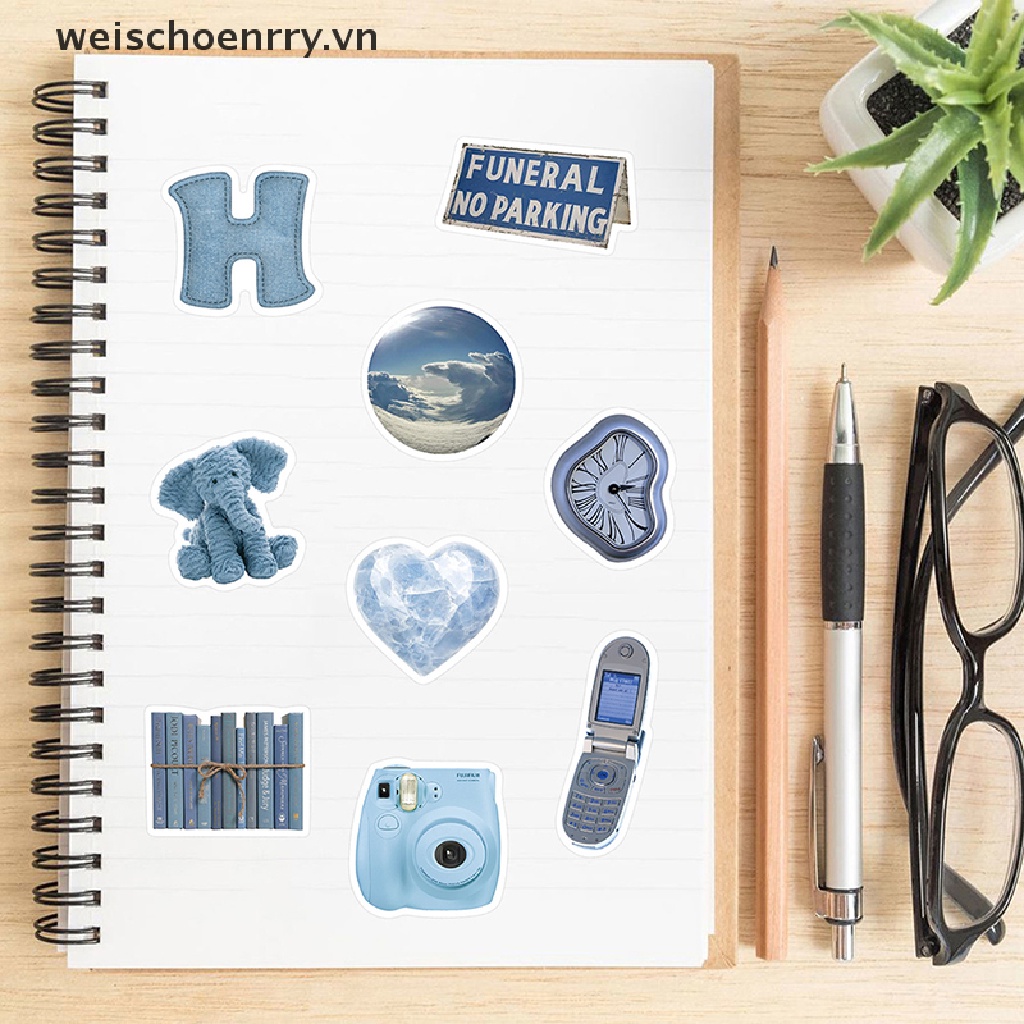Set 60 Miếng Dán Màu Xanh Dương Đơn Giản Trang Trí Sổ Tay / Điện Thoại / Tủ Lạnh Cho Bé