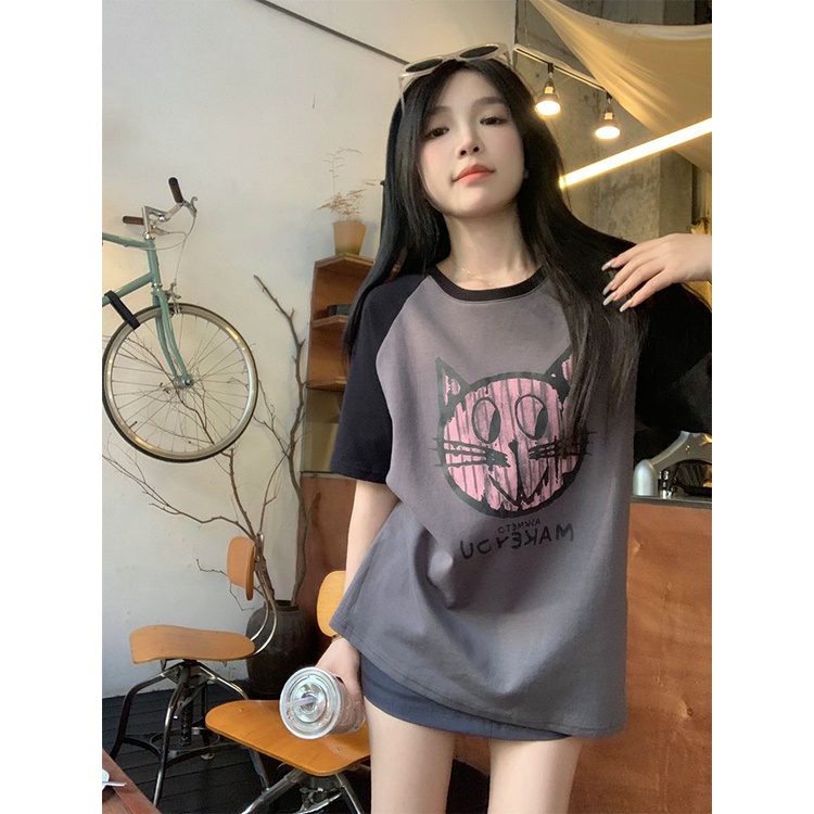 Áo Thun Raglan Tay Ngắn In Họa Tiết Hoạt Hình Phong Cách Hàn Quốc Thời Trang Mùa Hè Cho Nữ