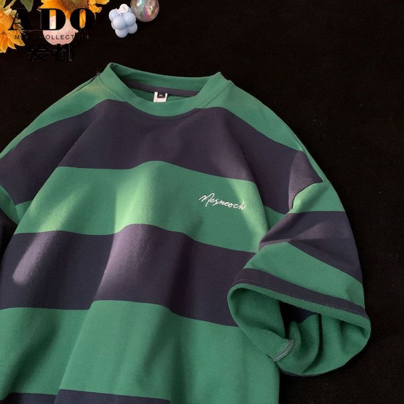 Áo thun unisex，áo nam，bigsize t shirt，Áo Thun Tay Ngắn Cổ Tròn Họa Tiết Kẻ Sọc Phong Cách retro Thời Trang Mùa Hè Cho Nam，thời trang nam，áo phông，xanh，đen， trắng， đồ bộ nam，
