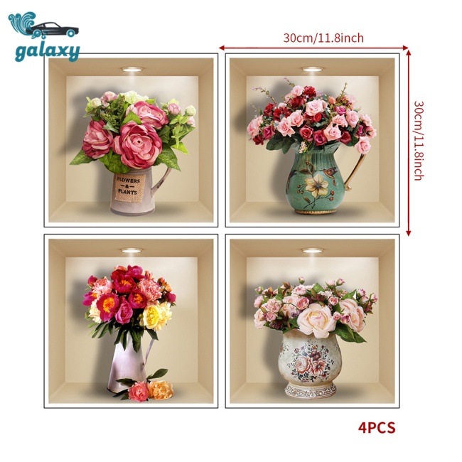 Galaxy Bộ 4 Miếng Dán Tường Trang Trí Hình Lọ Hoa Hồng 3d Tháo Rời Được Dành Cho Phòng Khách