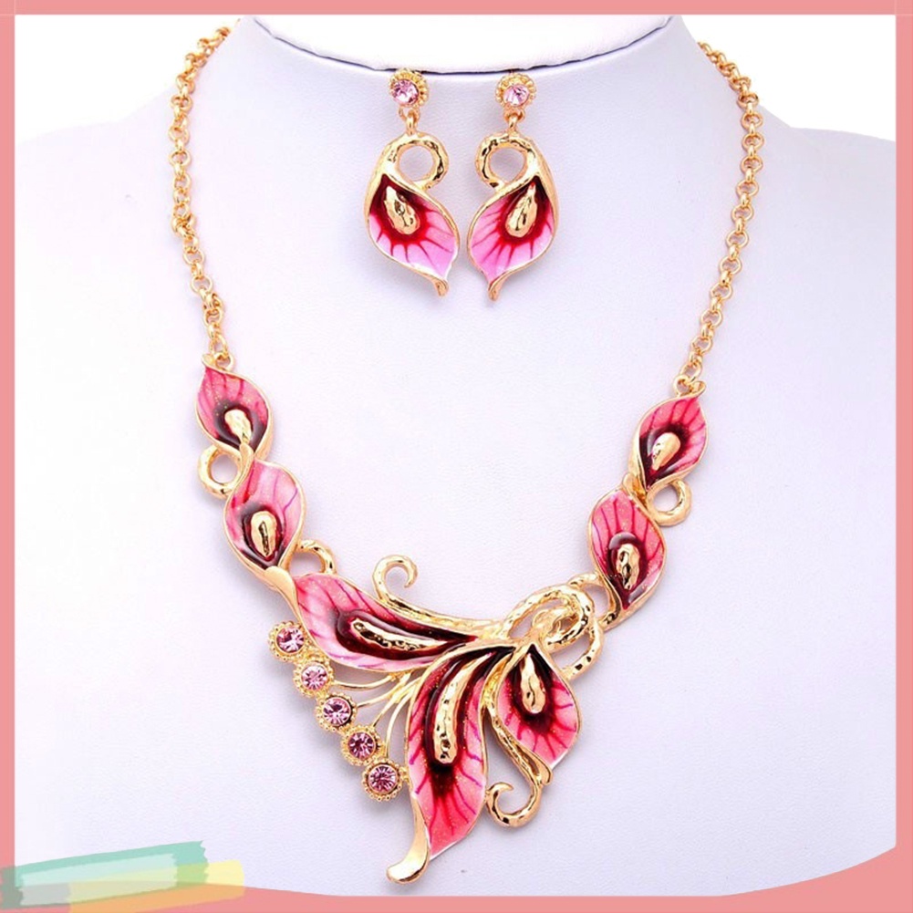 Bộ Vòng cổ + Đôi Khuyên Tai Mặt Hoa Đính Đá Thời Trang Cho Nữ