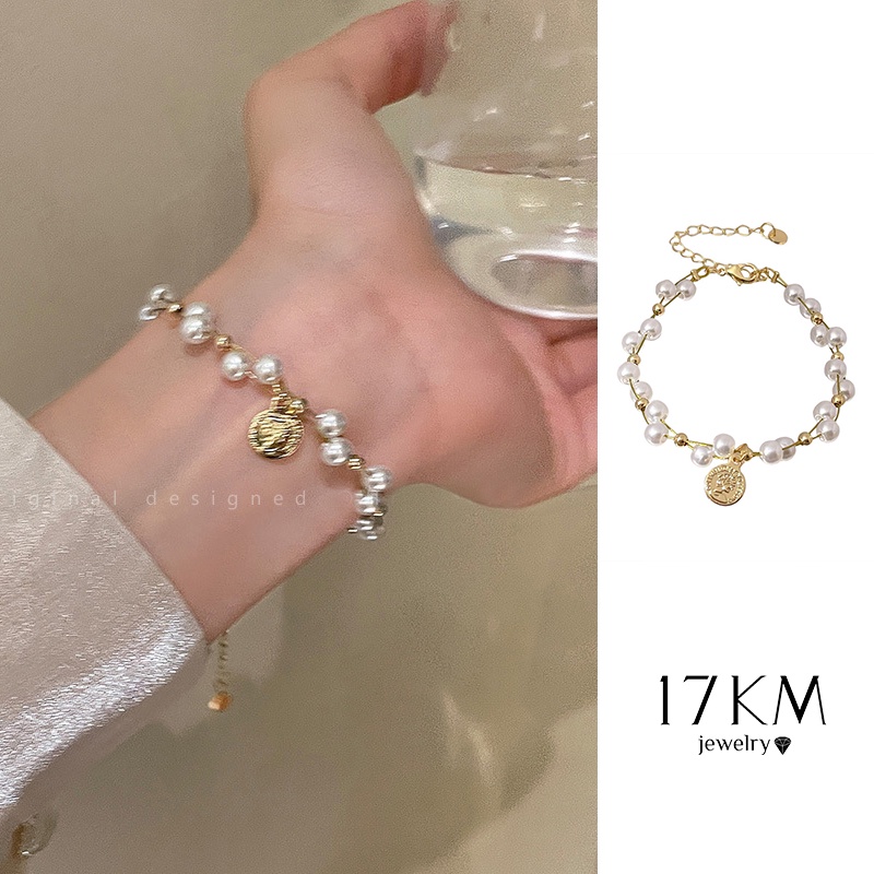 Vòng đeo tay 17KM chuỗi hạt mạ vàng kiểu đồng xu thời trang cho nữ
