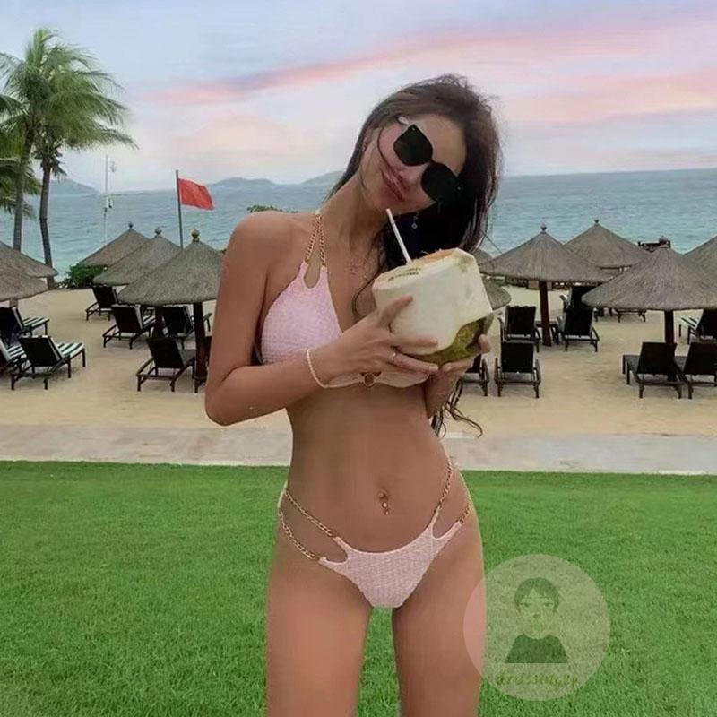 Bikini Mắt Xích Nối Dây Hình Tam Giác Cắt Cao Cho Nữ