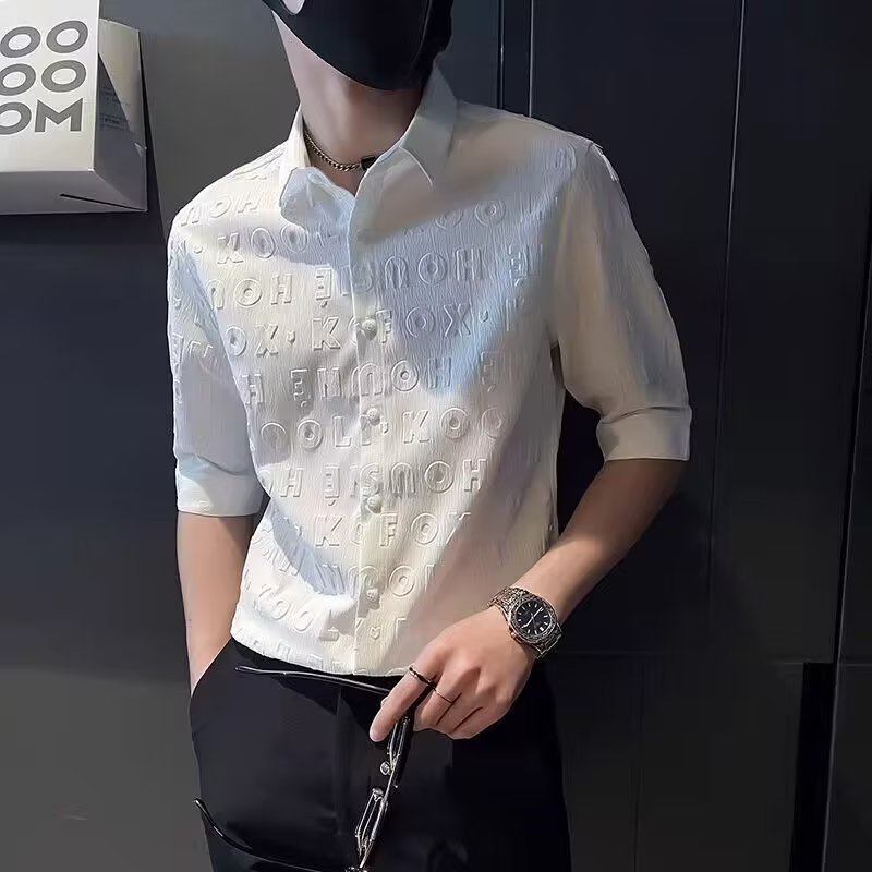 Áo Sơ Mi Tay Lửng Họa Tiết Dập Nổi Thời Trang Đường Phố Cho Nam