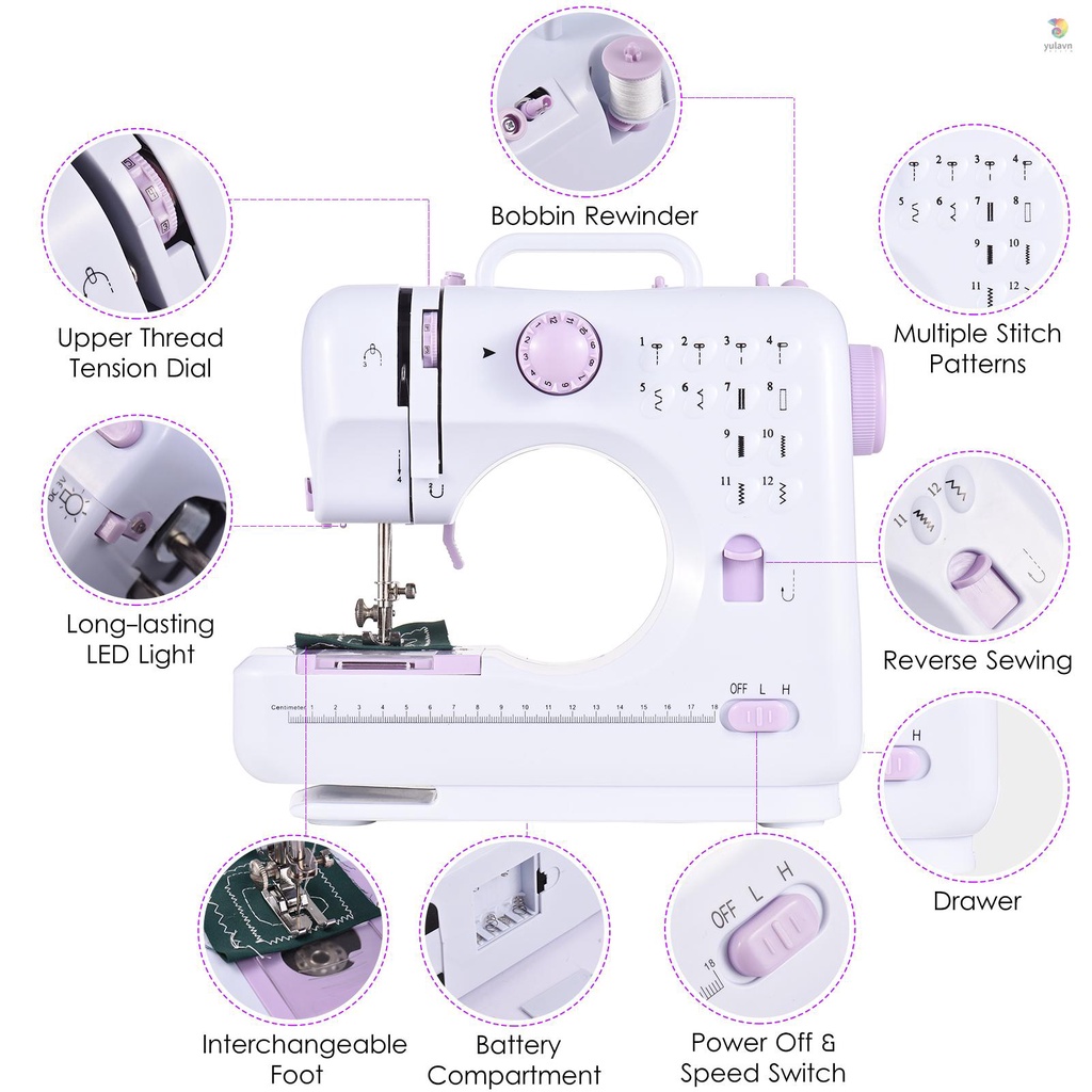Bàn Đạp Chân Máy May Gia Dụng Đa Năng 2 Tốc Độ Điều Chỉnh Được 12 Khâu Có Đèn LED + 172 Phụ Kiện Bằng Da Dành Cho Người Mới Bắt Đầu