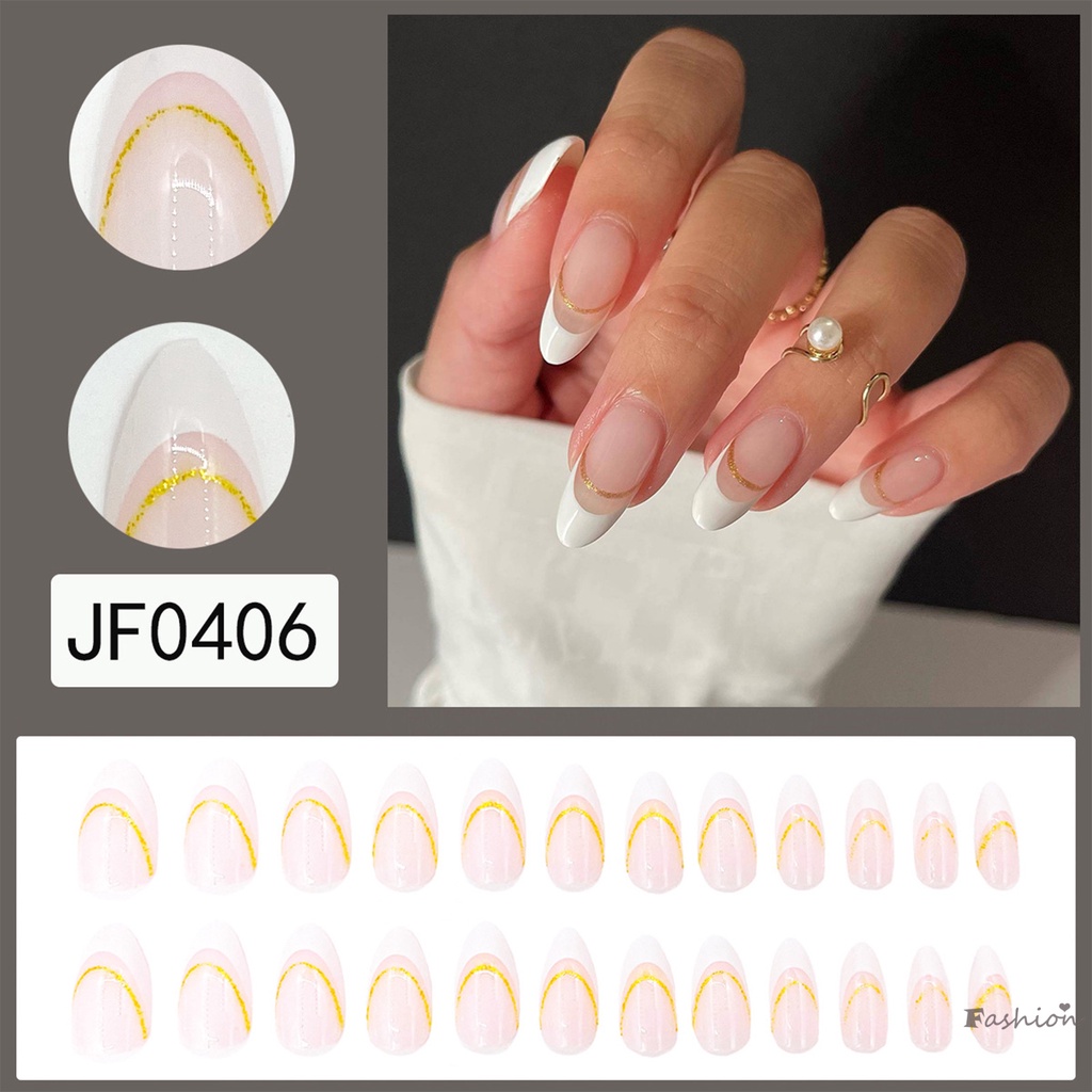 Bộ Móng Tay Giả Kèm Keo Dán Viền Trắng Lấp Lánh