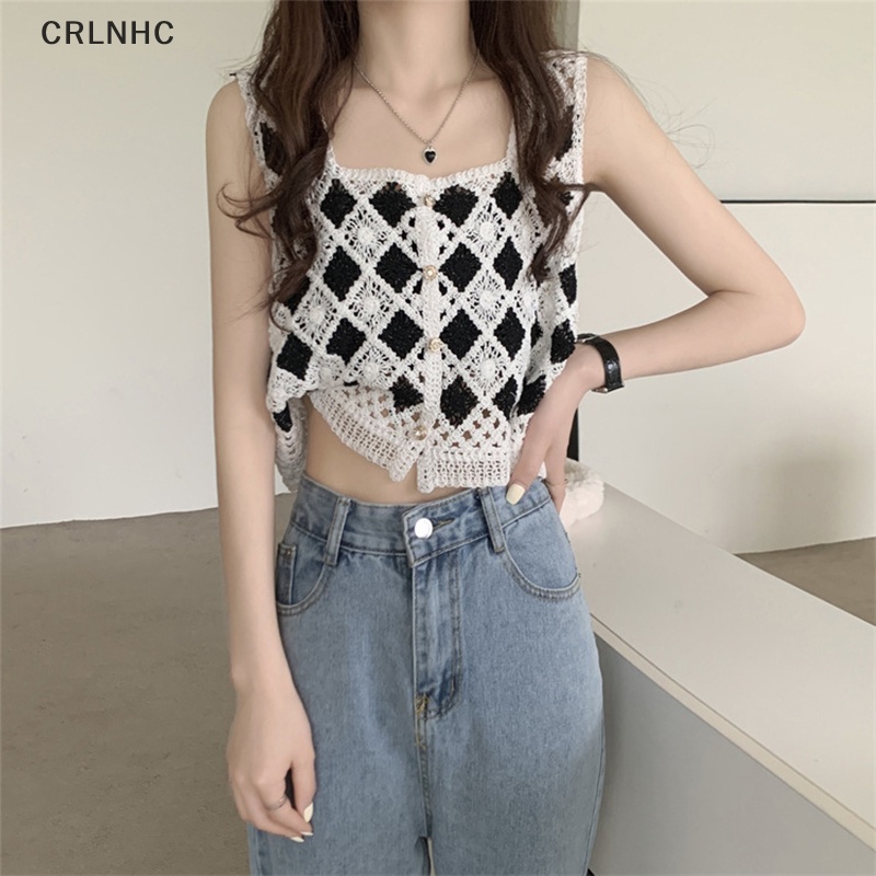 Áo croptop CRLNHC dệt kim không tay cổ vuông thêu họa tiết rỗng thời trang mùa hè cho nữ