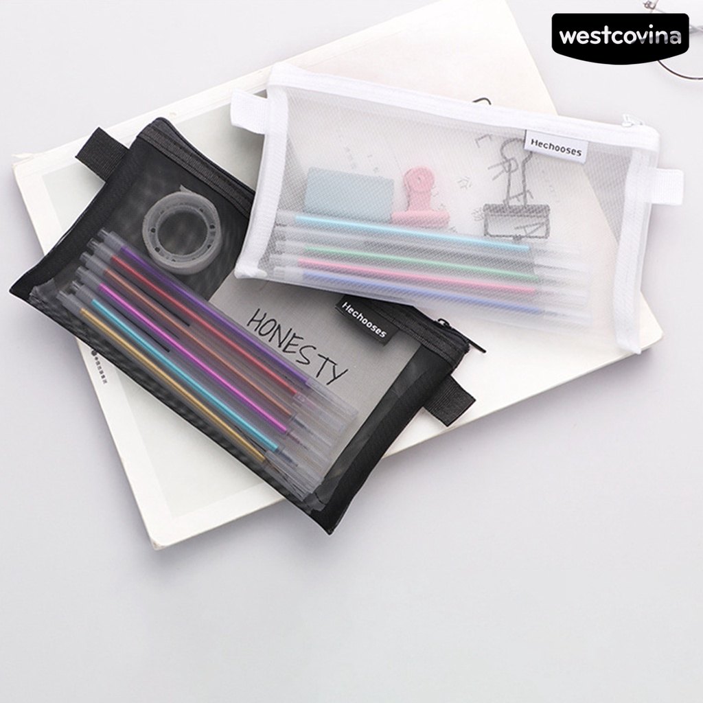 [COD]♪Túi Đựng Bút Bằng Nilon Trong Suốt Trọng Lượng Nhẹ Phối Lưới Có Khóa Kéo Tiện Dụng