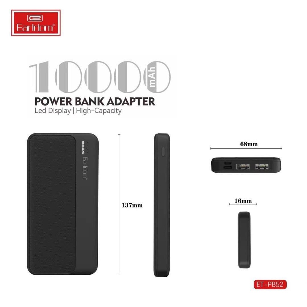 Pin Sạc Dự Phòng 10.000mAh Earldom ET-PB52 Hàng Chuẩn Chất Lượng Cao (JA SHOP)