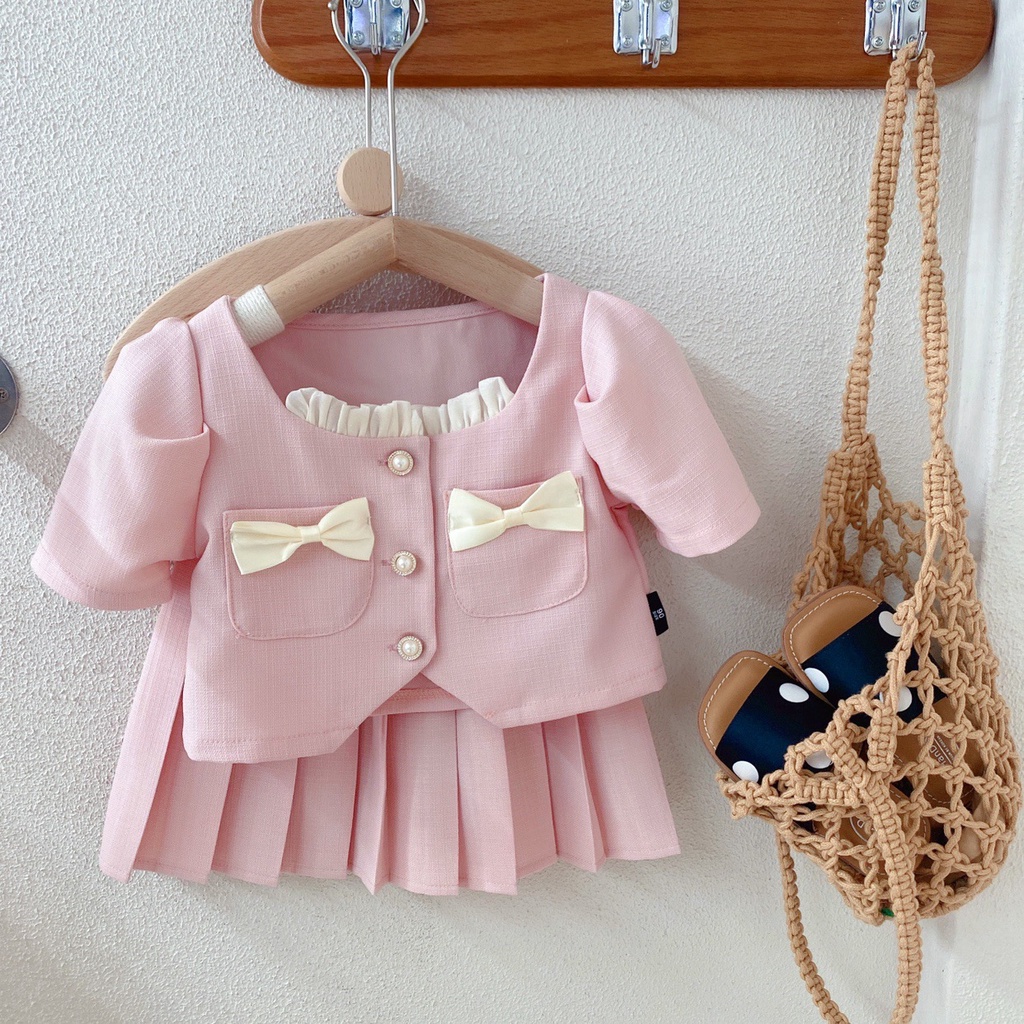 Set Áo Sơ Mi + Chân Váy Xếp Ly Thời Trang Mùa Hè Cho Bé Gái