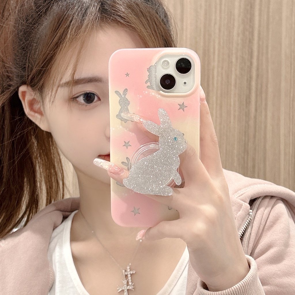 Ốp Điện Thoại Imd Silicone Mềm Trong Suốt Chống Rơi Với Giá Đứng Hình Thỏ Hồng Cho iPhone11 12 13 14 Pro Max
