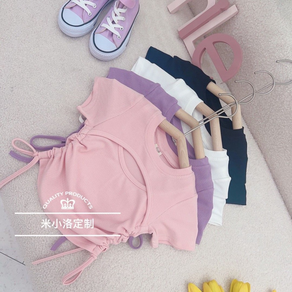 Áo Thun Tay Ngắn Vải Cotton Màu Trơn Phối Dây Rút Thời Trang Mùa Hè Cho Bé Gái