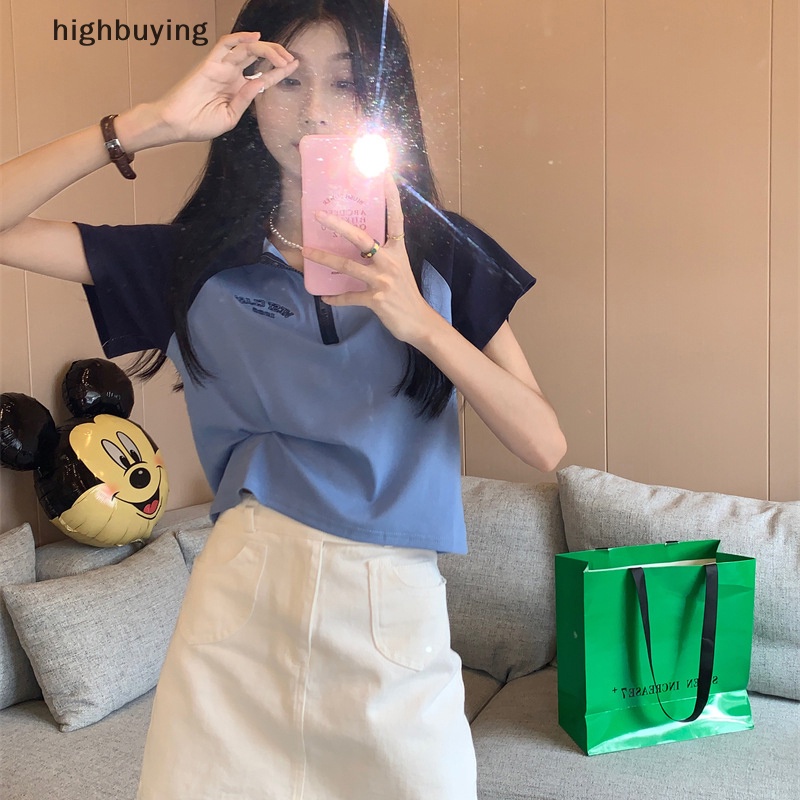 Áo Thun Lửng Tay Ngắn Màu Sắc Tương Phản Phong Cách Retro Cho Nữ