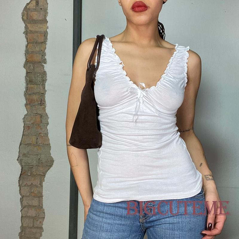 Áo Sát Nách Cổ Chữ V Nhún Bèo Màu Trơn Dáng Ôm Thời Trang Mùa Hè Xinh Xắn Cho Nữ
