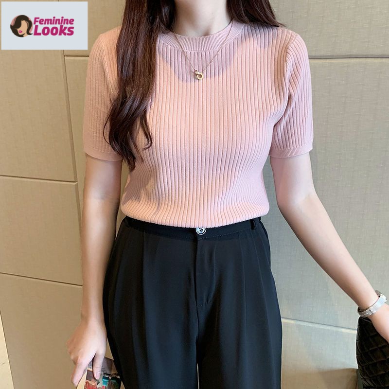 Áo Dệt Kim Ngắn Tay Cổ Tròn Dáng Ôm Thời Trang Hàn Quốc