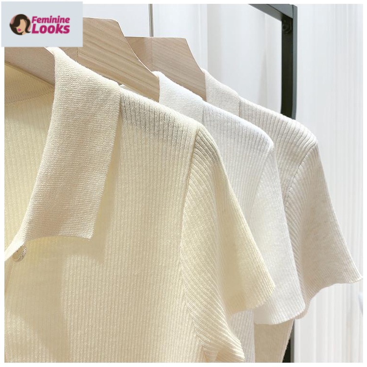 Áo Thun Polo Dệt Kim Tay Ngắn Màu Sắc Xinh Xắn Cho Nữ