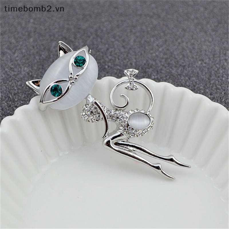 {Timebomb} Ghim Cài Áo Hình Mèo Nhỏ Đính Đá Opal Dễ Thương Quyến Rũ Thời Trang
