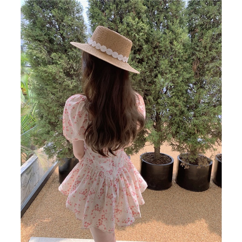 Đầm hoa vỡ nữ Bong bóng tay áo Pháp vuông cổ ngắn tay áo váy mùa hè khí chất váy ngắn  HZFWC0817