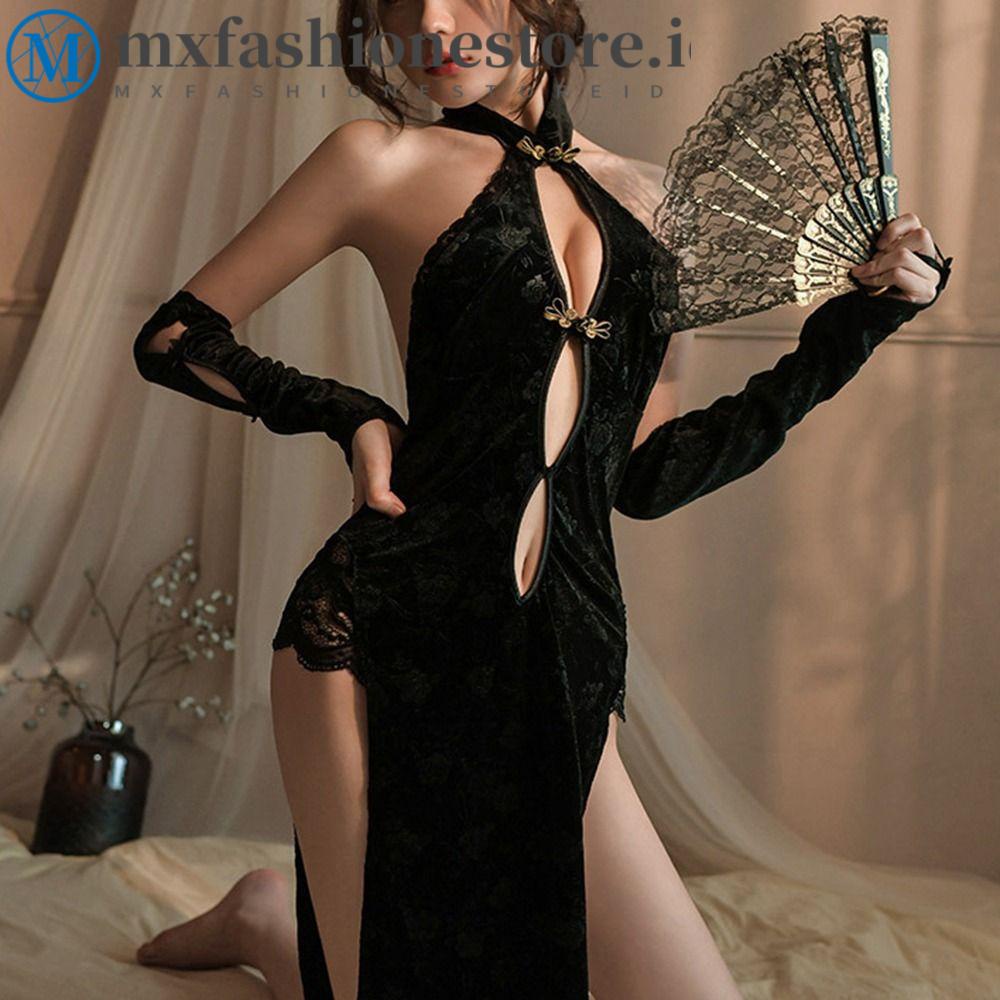 Đồ ngủ Sườn Xám Hở Lưng Cổ Chữ V Xẻ Sâu Phong Cách Trung Hoa