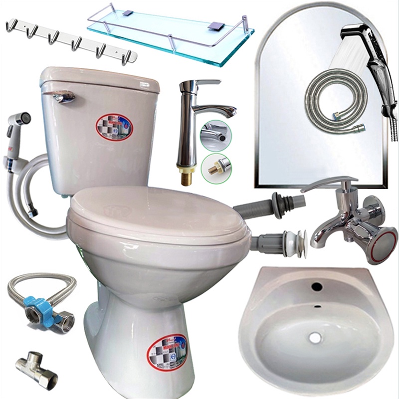 Trọn Bộ Thiết Bị Vệ Sinh Nhà Tắm GRMT01 10 món: Bồn cầu xả gạt, Lavabo, Sen vòi, Gương kệ, Phụ kiện lắp đặt