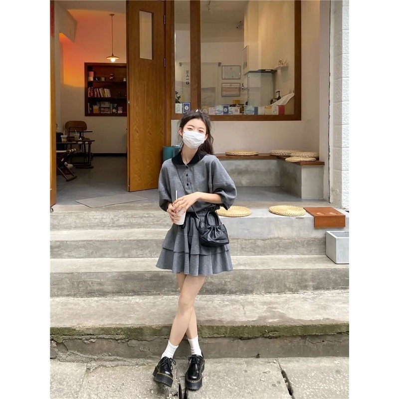 Set 2 Món Nữ Sinh, Phong Cách Nữ Học Sinh Trẻ Trung Cá Tính Màu Xám Dành Cho Bạn Gái