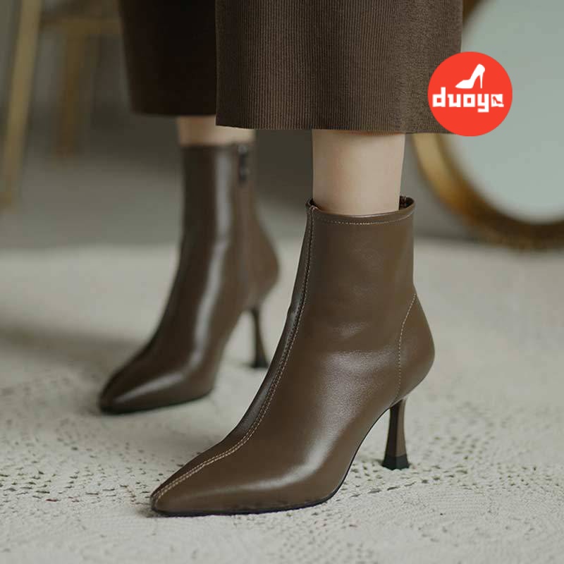 Duoya Giày Bốt Cao Gót Da Mềm Mỏng Màu Nâu Thời Trang Thu Đông Cho Nữ