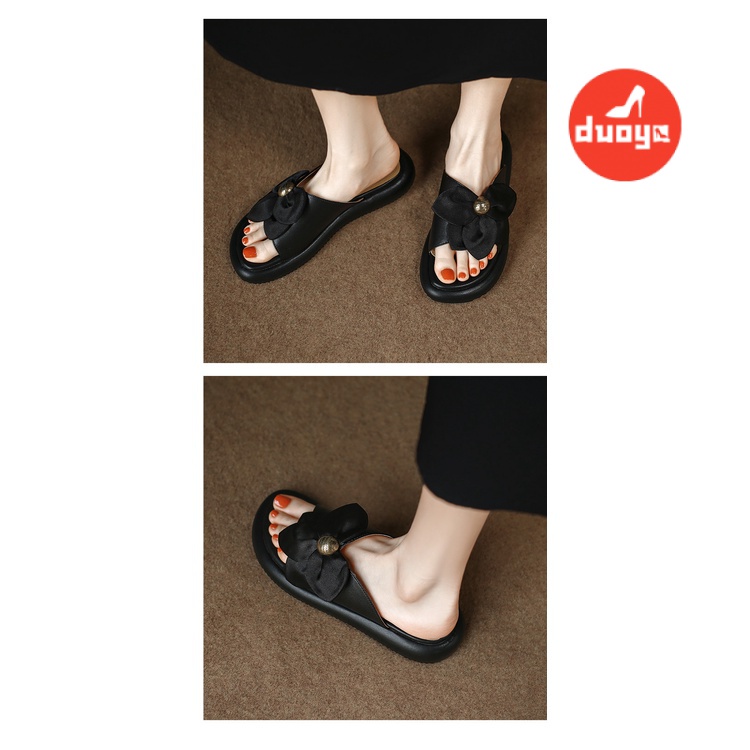 Duoya Dép Sandal Đế Dày Hở Ngón Quai Ngang Đính Hoa Kiểu Pháp Dễ Phối Đồ Thời Trang Cho Nữ