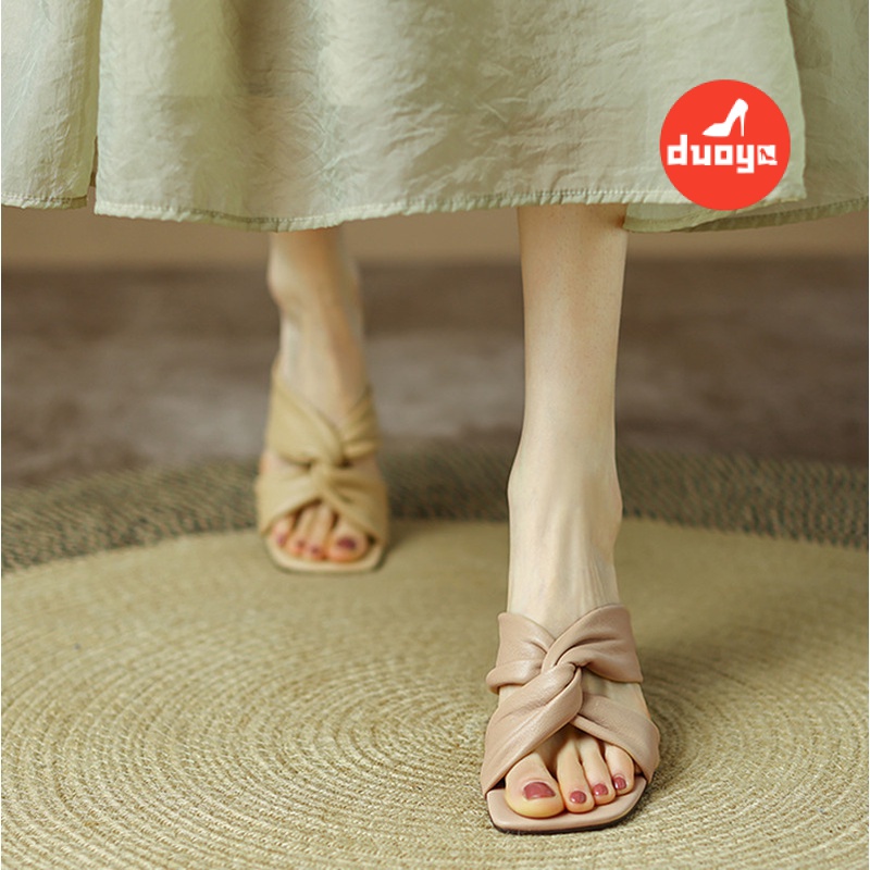 Duoya Tóc Thẳng ~ [Hàng Có Sẵn] Dép Cao Gót Quai Chéo Bằng Da Thật Mềm Mại Dày Dặn Thời Trang Mùa Hè Cho Nữ Miễn Phí Vận Chuyển