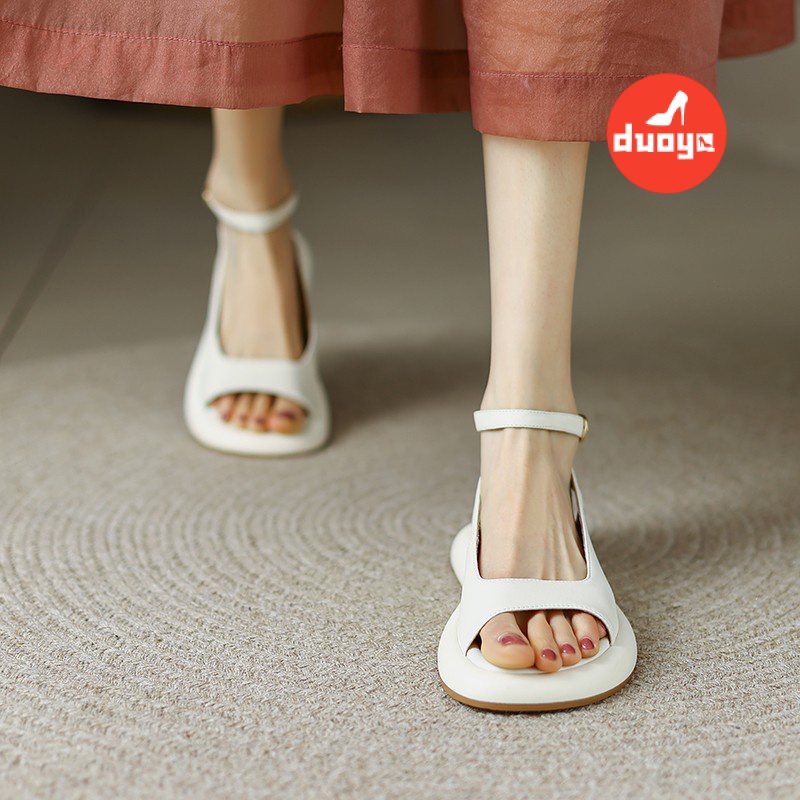 Duoya Tóc Thẳng ~ [Hàng Có Sẵn] Giày Sandal Hở Ngón Quai Da Mềm Phẳng Dày Mùa Hè Dễ Phối Đồ Cho Nữ