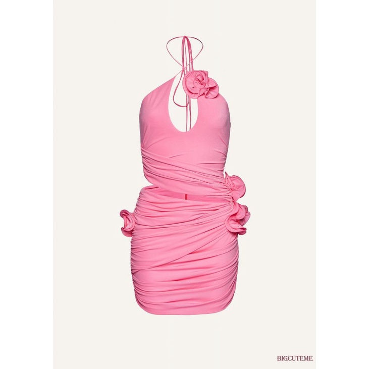 [] - Đầm Ôm Mini Không Tay Khoét Lỗ Hình Hoa 3D Màu Hồng Cho Nữ