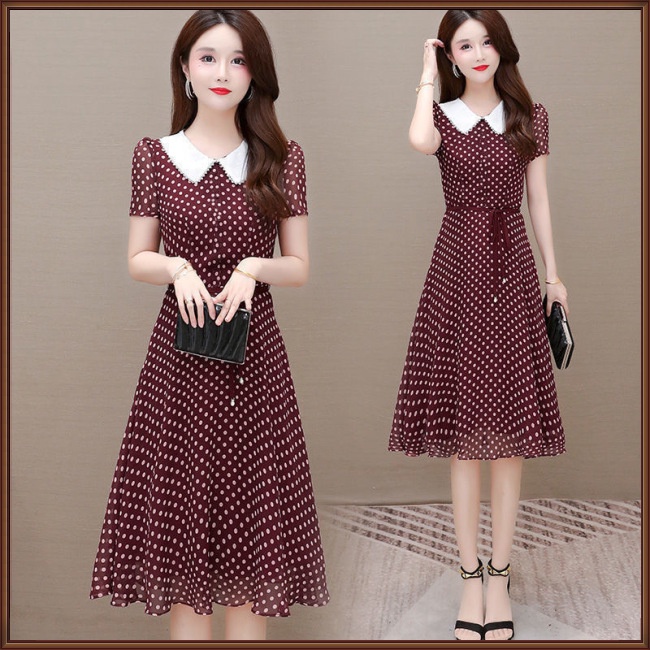 Đầm Dáng Chữ A Tay Ngắn Cổ Búp Bê Họa Tiết Chấm Bi Cỡ Lớn Thời Trang Mùa Hè Cho Nữ